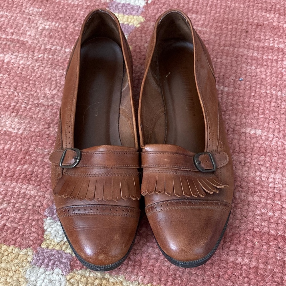 Vintage The Leather Collection brown leather fringe loafers